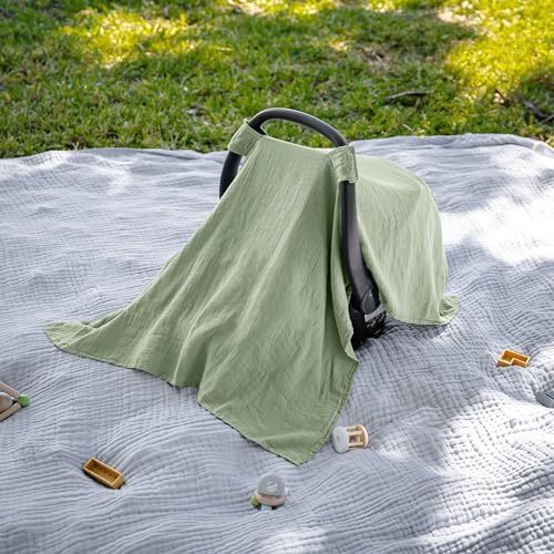 Comfy Cubs Baby Car Seat Cover - Soft, Breathable Bamboo Rayon and Muslin Cotton Blend - Lightweight Canopy for Sun, Bug, and Comfort Protection - Large Size Infant Seat Cover in Sage Design — view 4