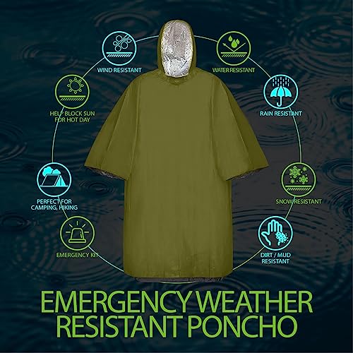 Image of FosPower Emergency Rain Poncho [4 Pack] [Retains 90% Body Heat] Reusable Weather Resistant Raincoat for Men, Women, Adults, Camping, Hiking, Emergency Supplies & Survival Kits (Green)