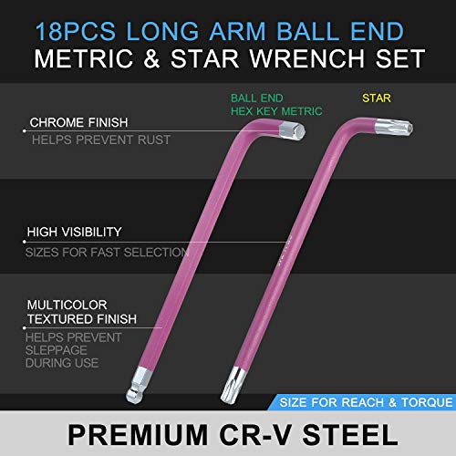 Conjunto de chaves Allen multicor 18 PCS Star Métrica Braço longo Conjunto de chaves sextavadas de e