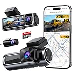 Nanoby 4K 3 Channel Dash Cam Front and Rear Inside, Built-in 5.8GHz WiFi GPS, 64GB Card Included, 4K+1080P+1080P Dash Camera for Cars, 3.18'' IPS Screen Dashcam with G-Sensor, 24H Parking Monitor