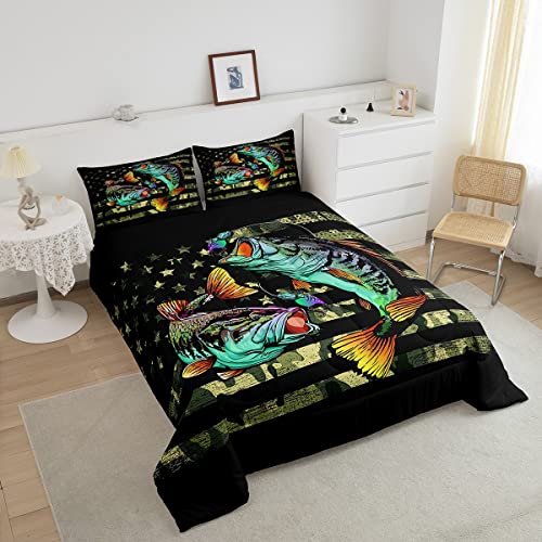 Bass Fish Camouflage Comforter Set Twin,Pike Fish Camo Bedding Set For Women Men Room,Kids Farmhouse Fishing Decor Comforter Fishman Wild Quilt Set Down Comforter,Green Black #TOP2