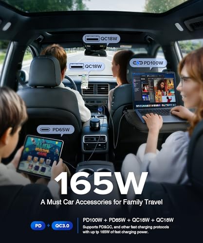 Image of 165W USB-C Car Charger, 4-in-1 Super Fast Charging Cigarette Lighter Adapter, Dual USB-C & USB-A Multi-Port Car Phone Charger Accessory, for iPhone 17 /16 /15, iPad, Galaxy, Tablets and Other Devices