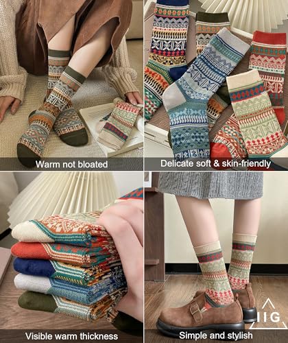 Image of IIG 3-5 Pairs Womens Vintage Cozy Crew Socks Soft Cute Neutral Cotton Socks Exquisite Patterns Socks Gift