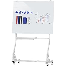 Mobile Glass Whiteboard, 48 x 36 inch Glass Board/w Height Adjustable, Large Portable Dry Erase Board with Stand and Wheels for Home, Office,Classroom &School, White