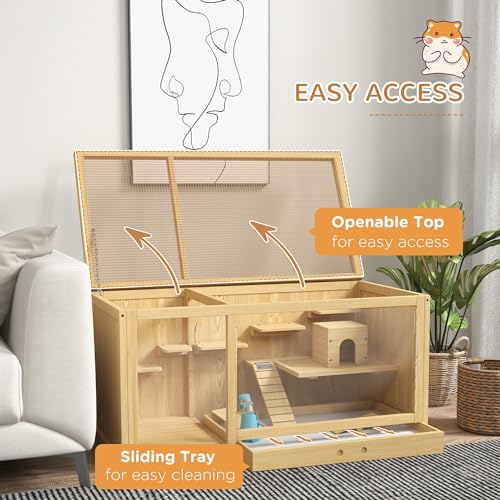 PawHut Wooden Hamster Cage with Water Bottle, Small Animal Exercise Play House with Platforms, Openable Roof, Sliding Tray, Hut, Seesaws, Natural Wood Finish - Image 4