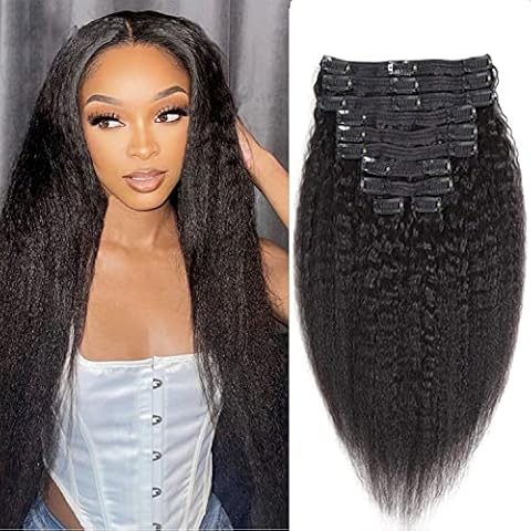 Seelaak 18 Inches 100% Human Hair Kinky Straight Clip in Hair Extensions Brazilian Remy Human Hair Kinky Straight Clip Ins for Black Women 1B# Natural Black Color 8pcs 130g/set Cover
