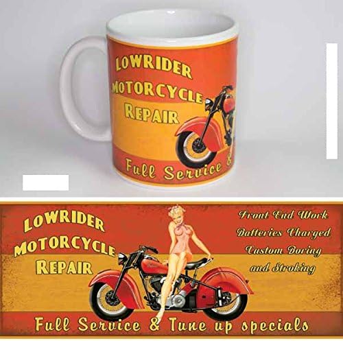 ARTIST DESIGNED COFFEE/TEA MUG - Art/Artwork Comes From A Collection Of Licensed Classic, Nostalgic, Retro, Vintage, Antique And Original Designs - This "Lowrider Motorcycle Repair" Mug Has A Lovely Decorative Design/Theme - Perfect For A Delicious Cup Of Coffee, Tea, Hot Cocoa & More! - Makes A Wonderful Gift!