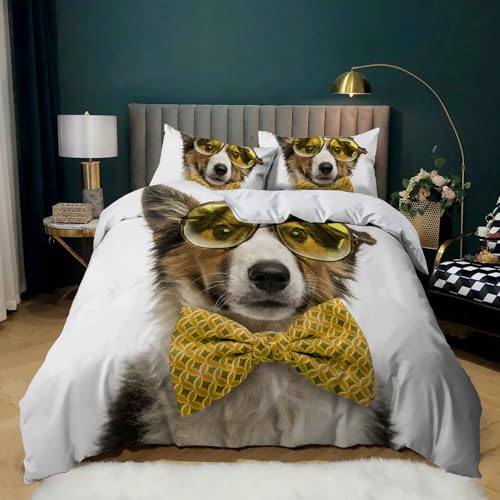Leleyouzer Hund Bettwäsche Set, Hundemuster Bettwäsche für Jungen Mädchen Teenager, 1pc Mikrofaser Bettbezug mit Reißverschluss und 2pc Kissenbezug 50 x 75cm (D3, 135×200 cm)