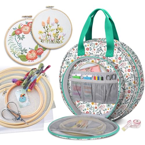 Image of FINPAC Embroidery Project Bag, Embroidery Supplies Storage Carrying Tote Case with Multiple Pockets for Floss, Hoops, Thread, Stitch Tools Kit [Bag Only], Spring Bloom