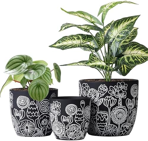 Terracotta Pots, 6.5+5+4.4 Inch Plant Pots with Drainage Hole- Floral Pattern, Black Boho Ceramic Planters for Indoor Plants, Flower Pots Indoor Succulents, Herbs Plants,Set of 3 Terracotta Pots, 6.5+5+4.4 Inch Plant Pots with Drainage Hole- Floral Pattern, Black Boho Ceramic Planters for Indoor Plants, Flower Pots Indoor Succulents, Herbs Plants,Set of 3