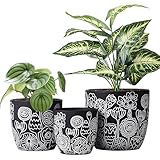 FUYHE Terracotta Pots, 6.5+5+4.4 Inch Plant Pots with Drainage Hole- Floral Pattern, Black Boho Ceramic Planters for Indoor Plants, Flower Pots Indoor Succulents, Herbs Plants,Set of 3