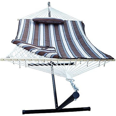 SUNLAX Double Hammock with 12FT Portable Steel Stand and Spreader Bar, Pad, Detachable Pillow, Indoor or Outdoor Use,Coffee Stripe Cover