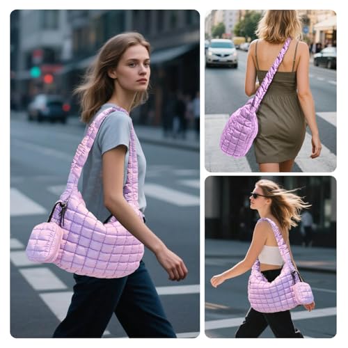 Image of Puffer Tote Bag for Women, Large Quilted Puffer Bag with Pouch, Puffy Quilted Hobo Bag, Puff Crossbody Purse