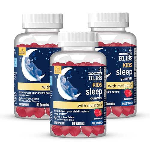 Mommy's Bliss Kids Sleep Gummies with Melatonin, Support Your Natural Sleep Process, Age 3 Years to Adults, Strawberry Flavor, 1G of Sugar, 60 Gummies (Pack of 3)