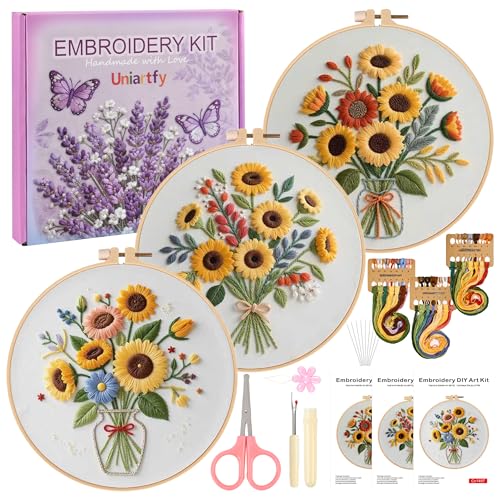 Image of Uniartfy 3 Sets Sunflower Embroidery Kits for Beginners, Needlepoint Kits for Adults, Cross Stitch Kit with Cloth, Hoop, Threads and Instruction, Easy to Learn Embroidery Starter Kit for Craft Lover