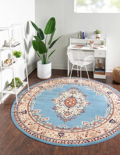 Unique Loom Reza Collection Traditional Persian Style Area Rug, 8' 0" x 8' 0", Light Blue/Ivory