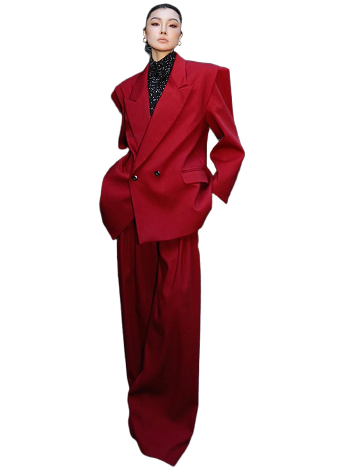 Mujeres Traje Oversize 2 Piezas Chaqueta Doble Pecho Pantalón Pata Ancha Casual Diario Esmoquin