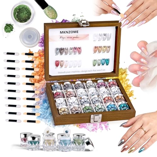 MKNZOME 24 Colors Chrome Nail Powder, Iridescent Aurora Metallic Mirror