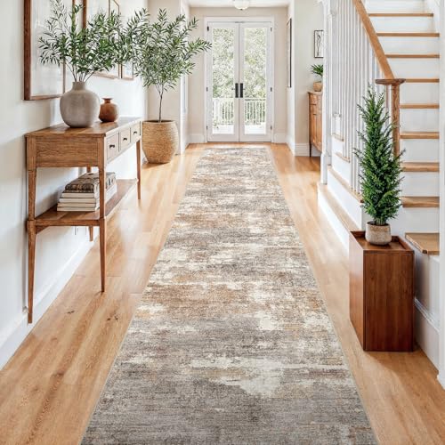 3x15 Runner Rug Washable Abstract: Non Slip Hallway Floor Mat Brown/Brick