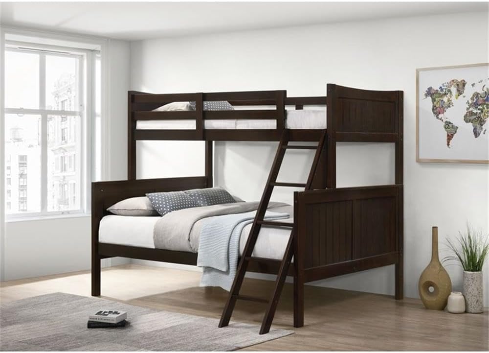 Pemberly Row Transitional Twin Over Full Bunk Bed, Espresso Finish, Built-in Stepladder, Space-Saving Design, Sturdy Construction, No Box Spring Required, Kids Bedroom Furniture