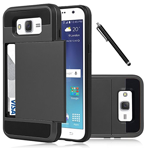 Galaxy J7 Case, EC™ Samsung Galaxy J7 Wallet Case, Flexible Shockproof Rubber Bumper Armor Hard Case Cover with Card Holder Slot for Samsung Galaxy J7 2015 / Samsung SM-J700 (Black)