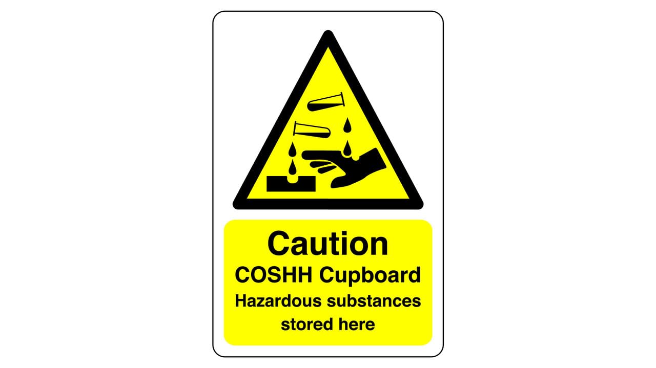 Safety First Display LTD Caution COSHH cupboard sign - 1.2mm Rigid plastic for indoor/outdoor usage (400mm x 300mm) Viewing Distance within 14m.
