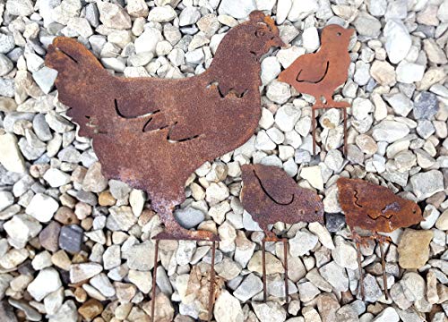 LB H&F Lilienburg Gartendeko 4er Set Hühner Hühnerfamilie - Henne mit 3 Küken - Set Roststecker Rost Metall wetterfest (Hühner Set)
