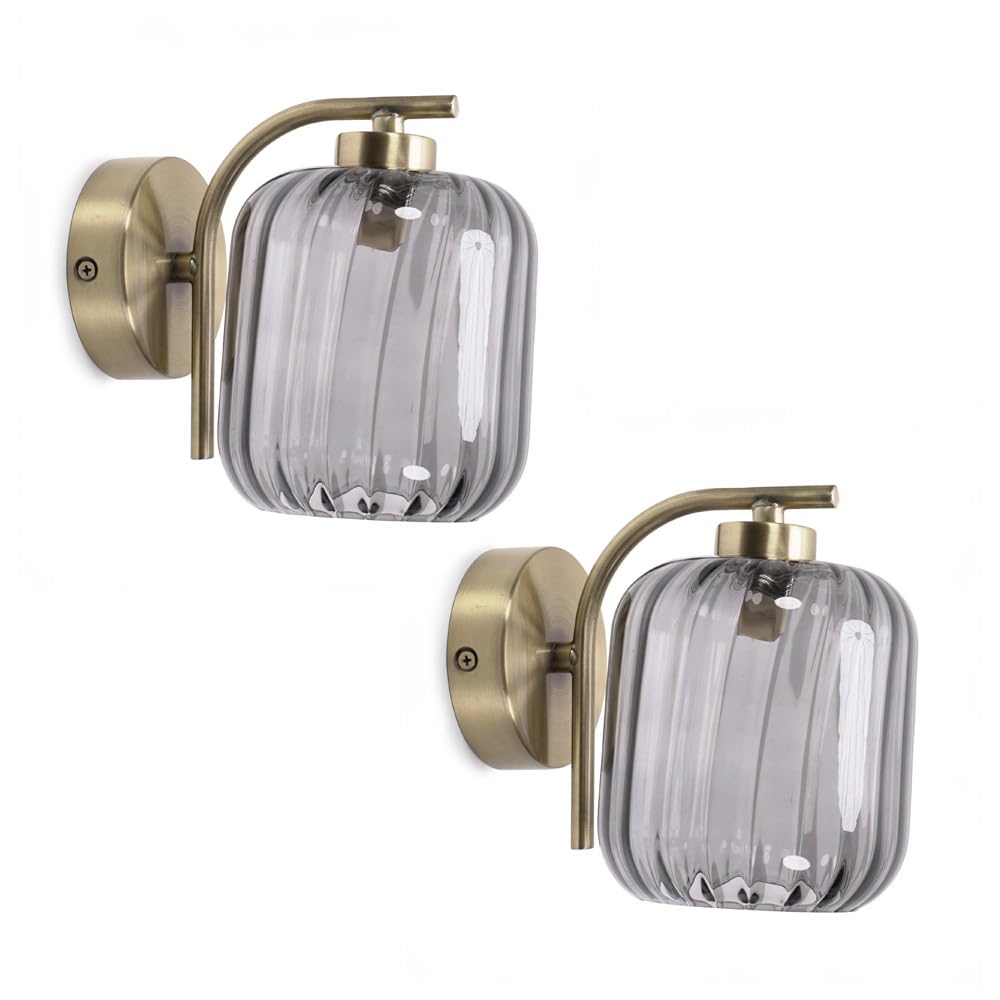 ValueLights | Gold Curved Bar Wall Light Fitting with Smoked Ribbed Glass Shade | Wall Lamps & Sconces, Home Décor & Improvement Essential | Pair of 2 | Includes Bulb | Mains Wired