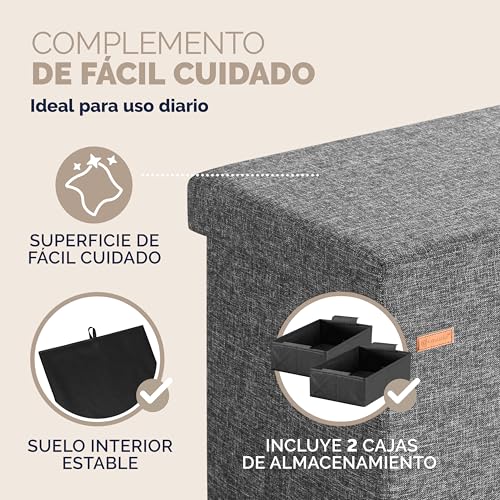 CASARIA® Banco Almacenaje Plegable Puff Reposapiés Otomana Almacenamiento Salón Dormitorio Capacidad Carga 300kg Resistente Efecto Lino 80x40x40cm Gris Oscuro - imagen 9