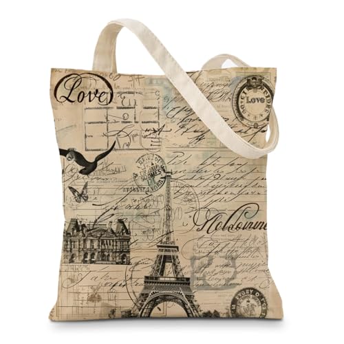 Geondos Paris Vintage Tote Bag, City Souvenir Handbag, Retro Travel Theme Shoulder Bag, Reusable Handbag Gift for Women Daily Shopping Work Carryall