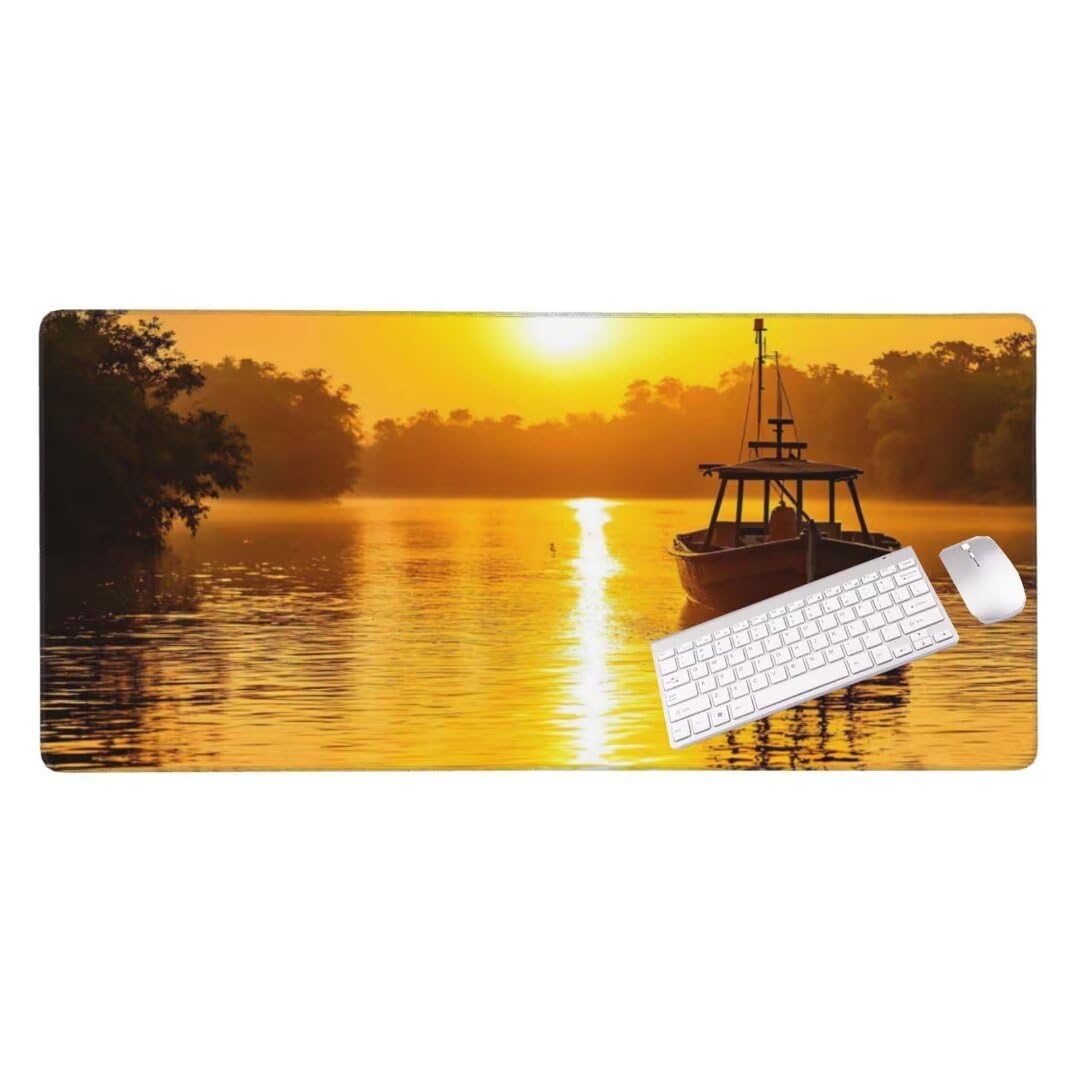 Alfombrilla de ratón 1400x600x3 MM, Alfombrilla Ratón XXL Extendida de Gran Tamaño con Bordes Cosidos, Resiste Salpicaduras, Base de Goma Antideslizante y Almohadilla para Teclado, Sunset Boat S-8099
