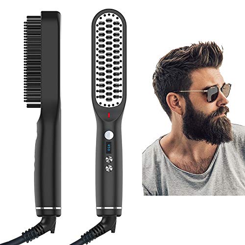 OTHA Beard Straightener Comb for Men - Upgraded Professional Electric Mens Beard Straightening Heated Brush Portable Anti-Scald 5 Adjustable Temperatures & LCD Display with Beard Balm