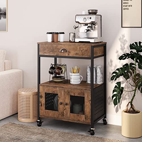 Kitchen Microwave Stand Cart With Storage, Industrial Metal Baker’s Rack On Wheels With Kitchen Shelf And Drawer, 2- Tier Rolling Coffee Carts With Storage For Small Kitchen & Corner, Rustic Brown #TOP5