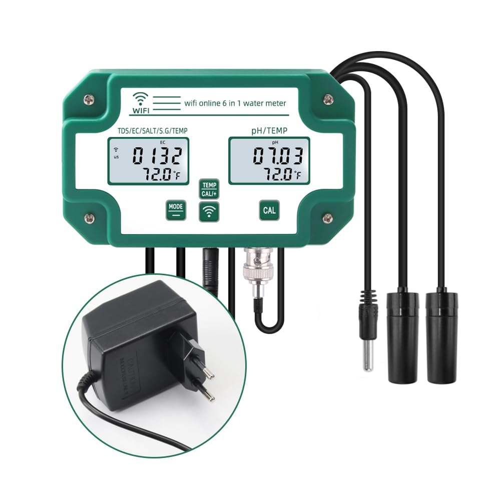 Testeur de qualité de l'eau 6 en 1 WiFi Moniteur de qualité de l'eau multiparamètre Numérique PH/Solides totaux dissous/EC/S.G/Salt/Temp Meter pour Aquaculture Piscine