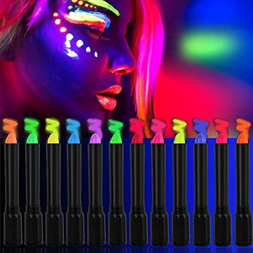 12 Color Glow in The Black Light Body Face Paint for Kids Adult, UV Black Light Glow Crayons Neon Fluorescent Face Painting Makeup Kit for Birthday Party Halloween Masquerade Glow Party Makeup