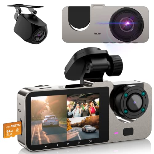 Dash Cam Front and Rear Inside 3 Channel, Free 64GB SD Card, 1080P Dash Camera for Car with 4 IR...