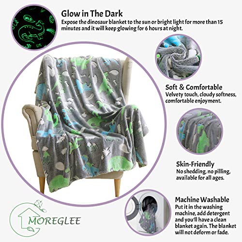 Moreglee Dinosaur Glow In The Dark Blanket For Boys Girls - 60''X50'' Gray Dino Premium Flannel Glowing Throw For Sofa Bed Couch 3 4 5 6 7 8 9 Years Old Kid Toddler Baby Birthday Halloween #TOP3