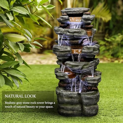 Image of SunJet 47.2 inch High 6-Tiers Cascading Rock Outdoor Water Fountain with LED Lights - Large Outdoor Fountains and Waterfalls for Garden or Patio, Yard, and Deck Decor, Featuring Natural Stone Look