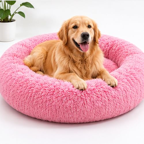 Image of Calming Pet Bed for Dogs & Cats, Round Donut Dog Bed, Soft Faux Fur Plush Cushion, Supportive Bolster Edges, Reversible Dual-Side Comfort, Washable Pet Sleeping Bed, Pink, Small