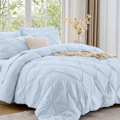 Image of Sasttie Oversized Queen Comforter Set, 7-Piece Bed in a Bag, Pintuck Bedding Sets for All Season, Includes Comforter, Flat Sheet, Fitted Sheet, Pillowcases and Pillowshams, Light Blue