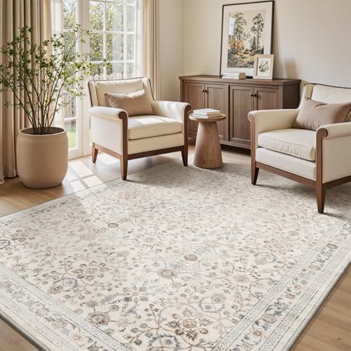 MontVoo-Vintage Area Rug 4X6 Beige Rugs for Living Room-Soft Distressed Printed Rugs for Bedroom-Non Slip Carpet-Machine Washable Rug for Dining Room Living Room Bedside Office