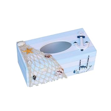 ELECTROPRIME Decorative Nautical Deco Wood Tissue Box Cover Shell Fishnet Anchor Sailboat