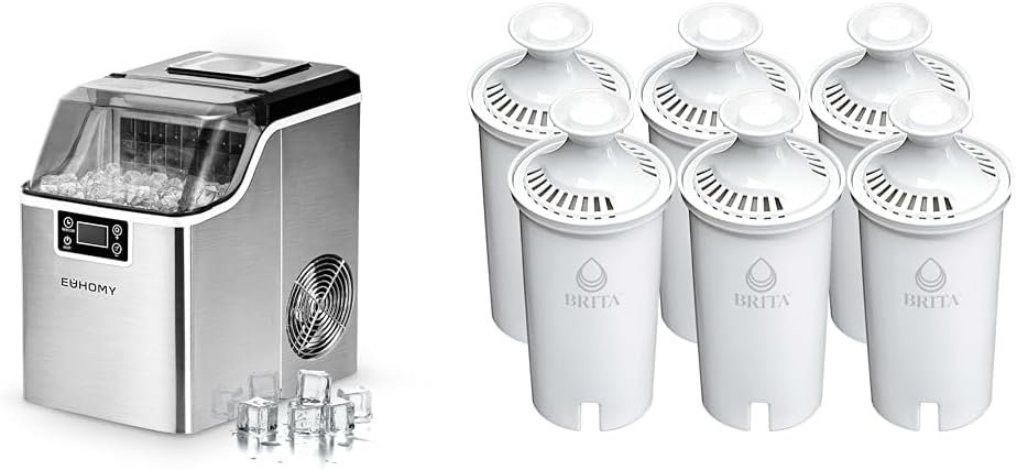 EUHOMY Ice Cube Maker Machine Countertop with 24 Pcs Ready in 13 Mins & Brita Standard Water Filter Replacements, Includes 6 Filters for Pitchers, Lasts Two Months or 40 Gallons