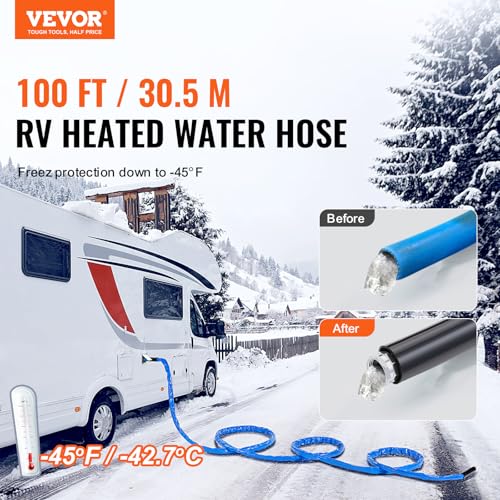 Image of VEVOR 100ft Heated Water Hose for RV, Heated Drinking Water Hose with Corrugated Cover Antifreeze to -45F, Automatic Self-regulating, 5 /8 inch I.D. with 3 /4 inch GHT Adapter, Lead and BPA Free