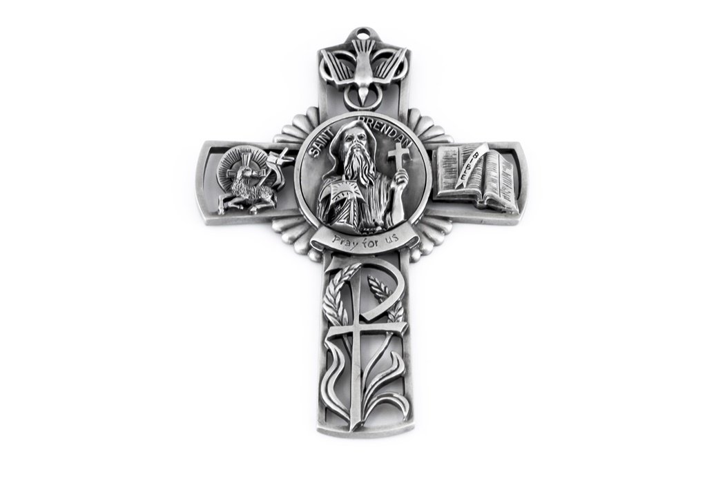 Pewter Catholic Saint St Brendan Pray for Us Wall Cross, 5 Inch