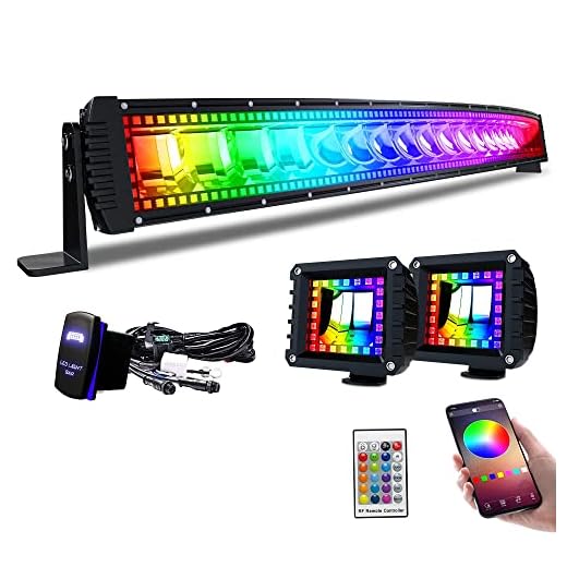 Lpteso RGBW Curved LED Light Bar 42Inch 240W Flood Spot Combo Beam 2PCS 4 Inch 18W Flood RGB LED Pods with 16 Solid Colors Chasing RGB Halo Ring Changing with Strobe Flashing with Rocker Switch Wiring