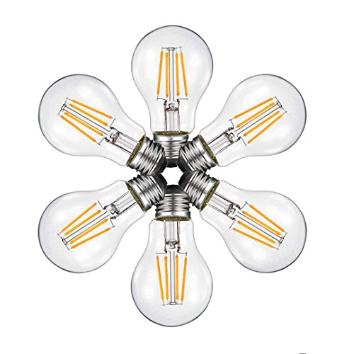 Dimmable Led Edison Bulb A19, 4W Vintage Filament Light Bulb, 40W Incandescent Equivalent, Soft Warm White 2700k, 360 Lumens, E26 Clear Glass Cover, Pack of 6