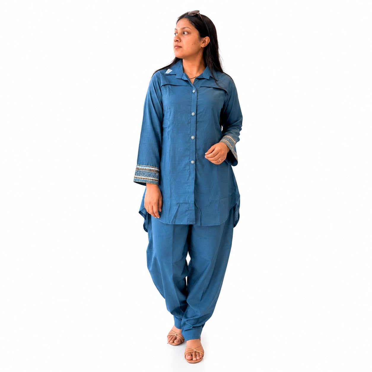 Women's Denim Co-ord Set, Light Blue, Full Sleeve Shirt with Matching Pants, Embroidery and Sequins, Casual Party and Daily Wears-image-39