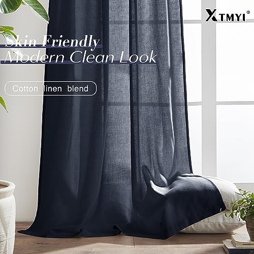 Image of XTMYI Indigo Blue Curtains 108 Inches Long for Living Room 2 Panels Set Back Tab Hook Pleat Linen Extra Long Sheer Curtain Drapes for Dining Room,Total Wide 100 x 108 Inch Length,Dark Navy