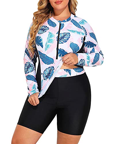 Image of Daci Women 2 Piece Plus Size Long Sleeve Rash Guard Zip Front Athletic Bottom Tankini Swimsuits UPF 50 | Two piece,Tummy Control,High Waist,UPF 50+,Half Zipper Swim Shirt,Athletic,Sporty,Built-in Bra,Built-in Briefs